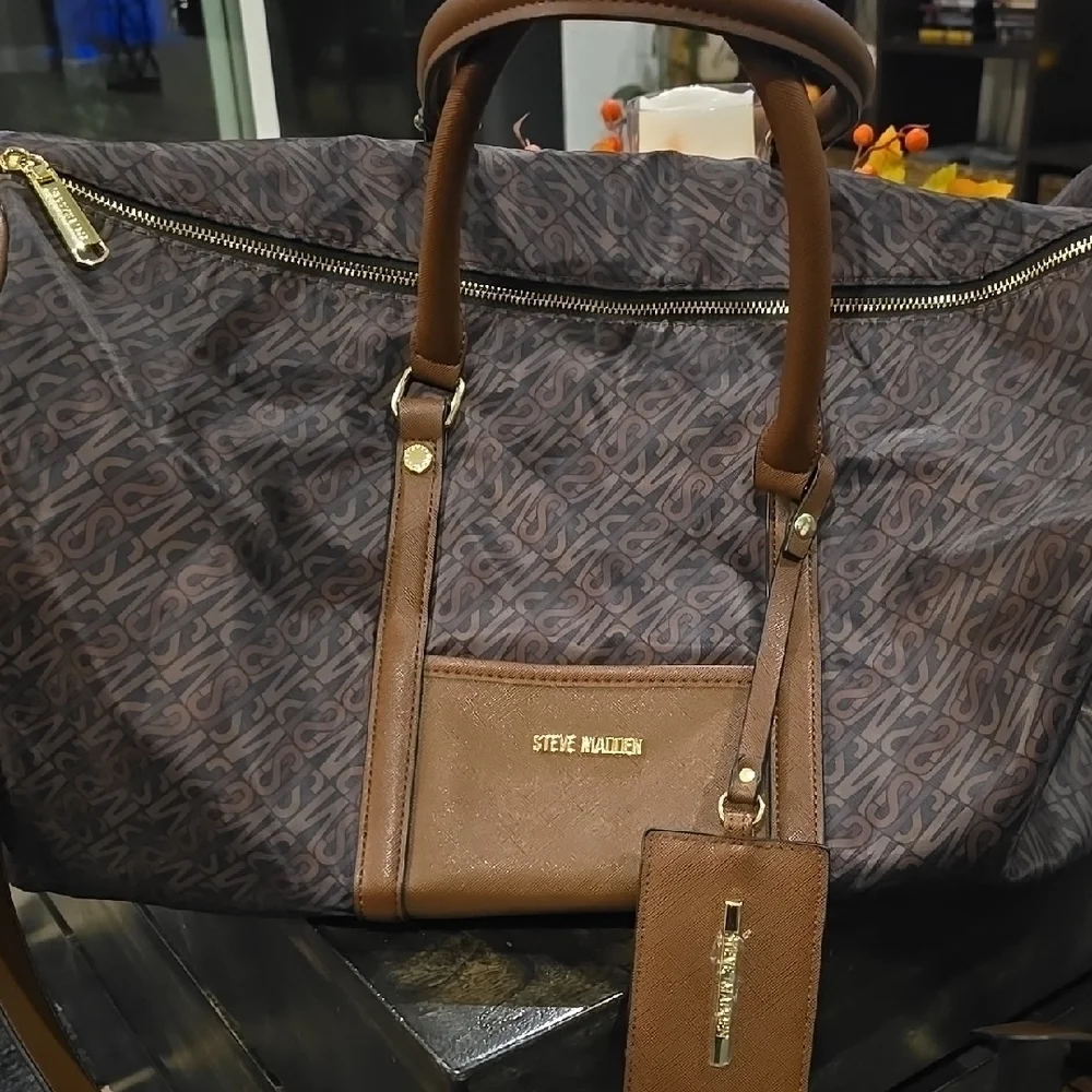 Large Steve Madden Brown and Black Logo Duffel Bag